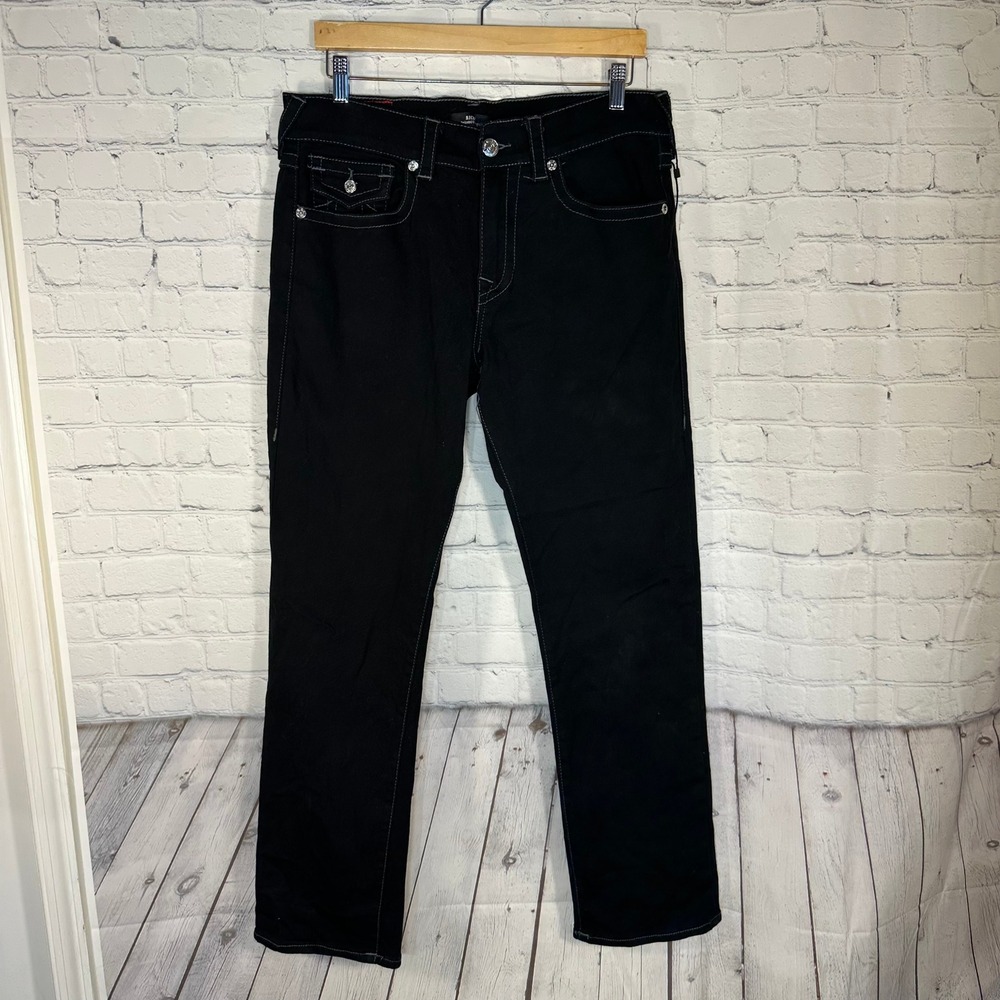 True Religion Ricky Relaxed Straight Black Jeans White Stitch Mens 33